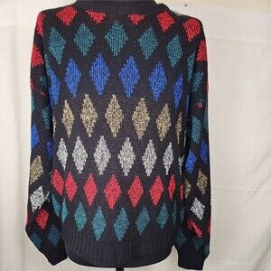 Vintage 80s 90s Multicolor Argyle Sweater Black Size Large Made in USA Edison